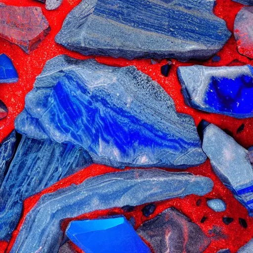 Prompt: vibrant deep blue lapis rock, jagged edges, with streaks of ruby red rock through it, hyper detailed, 8K, super realistic, cinematic, photography, charcoal