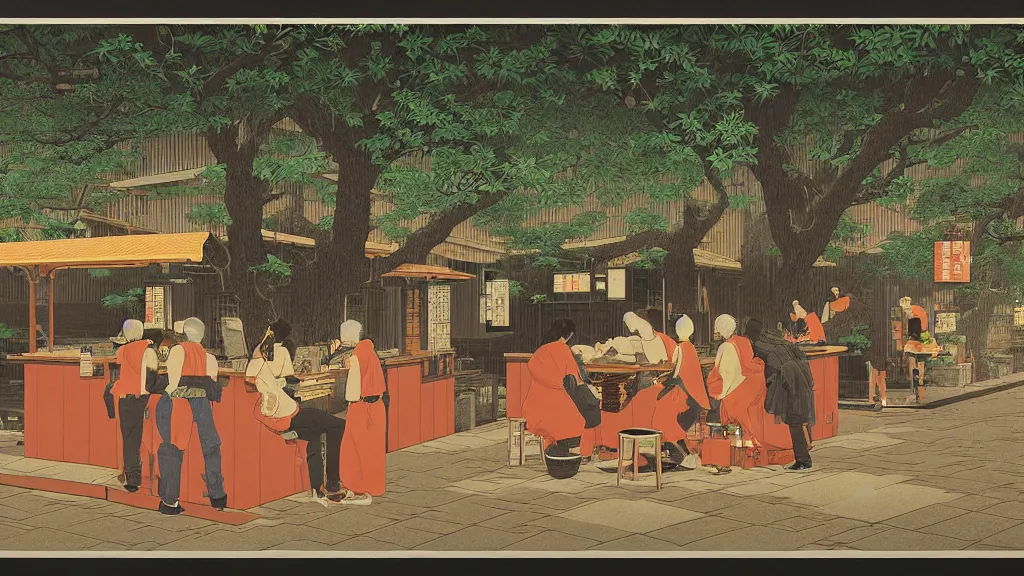 Prompt: There was a bar that ran out of water, everyone was thirsty and was drinking orange juice and other soft drinks to satiate their thirst, screen print by Kawase Hasui and dan hillier, 8k unreal engine