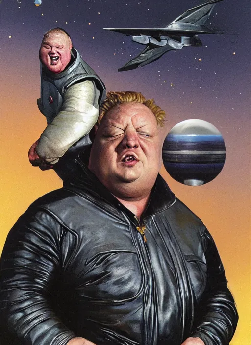 Prompt: upper body portrait of shaun ryder as baron harkonnen wearing a leather spacesuit floating in space and firing a retro ray gun, by tom lovell and dean cornwell and norman rockwell, photoreal, character concept art, artstation