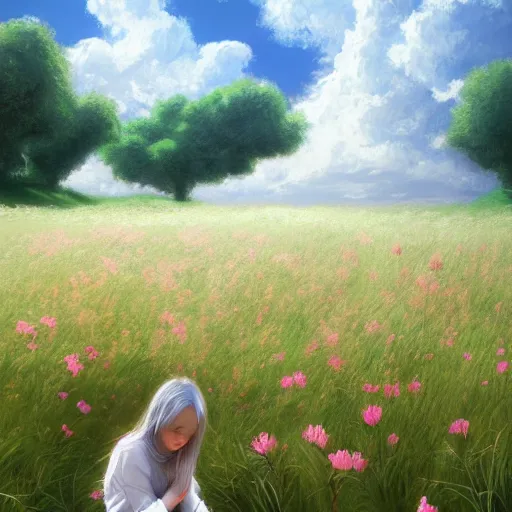 Prompt: landscape, white haired girl kneeling in the middle of a flower field in the background, white clothes, highly detailed, artstation, photorealistic, by thomas cole
