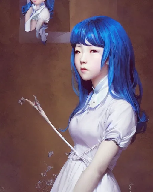 Image similar to symmetrical portrait of a pretty korean girl with blue hair dressed as a french maid digital painting, 8 k, concept art, art by wlop, artgerm, greg rutkowski and alphonse mucha