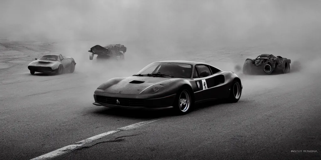 Image similar to ferrari in full speed in a empty street, mad max fury road, kieth thomsen