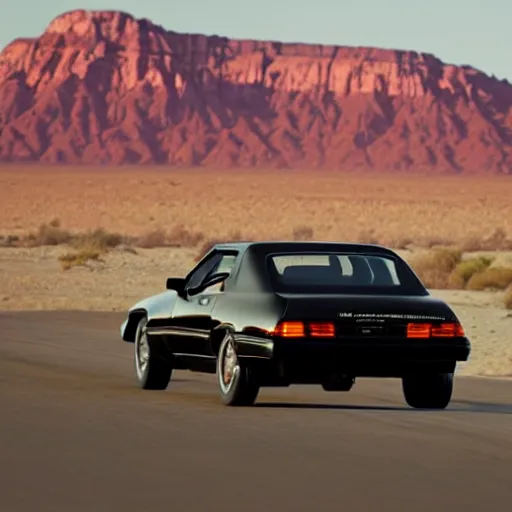 Prompt: a black 1990 Thunderbird super coupe driving on a desert highway viewed from the rear at sunset, photorealistic