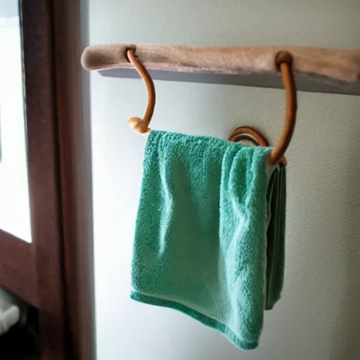 Prompt: a doll hanging, tied to a towel rack in the bathroom with a fabric belt