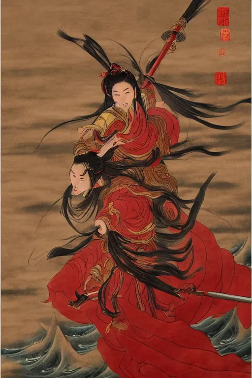 Image similar to a masterpiece portrait of legendry nezha flies riding on the wind fire wheels across the sea, water everywhere, chinese mythology, side view, red cloth around his shoulders, hold spear, cinematic, fantasy character portrait, highly detailed, by ne zha ( 2 0 1 9 ), fenghua zhong