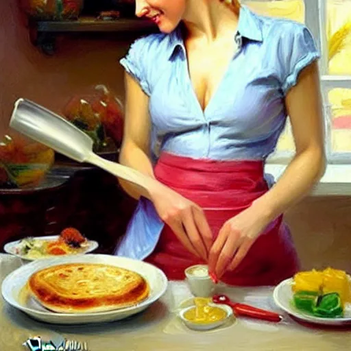 Image similar to young blonde wife making breakfast for her husband, painting by Vladimir Volegov,