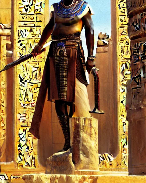 Prompt: oil - painting portrait of ancient nubian temple guard, armed with a long curved sword, dressed in leather and robes, standing guard of an old egyptian temple gate, art by craig mullins and anders zorn