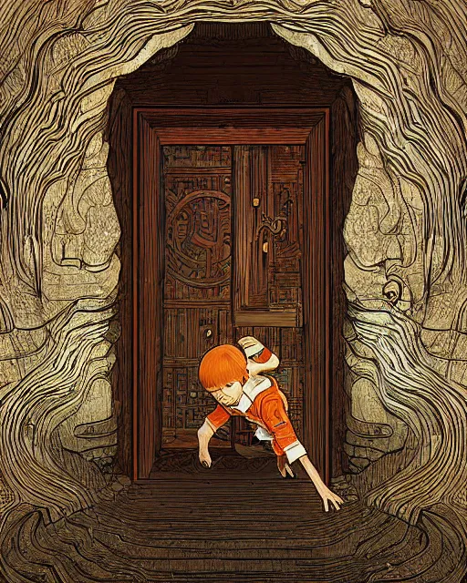 Image similar to a young boy opening a giant wooden door with archaic symbols embedded onto it, in a cave by the water, digital art, illustrated by james gurney and victo ngai