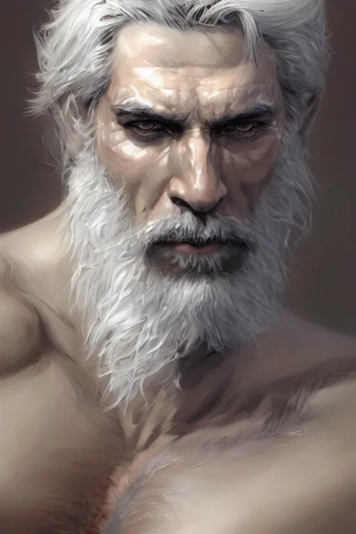 Image similar to painted portrait of rugged sephirot, white hair, masculine, mature, handsome, upper body, muscular, hairy torso, fantasy, intricate, elegant, highly detailed, digital painting, artstation, concept art, smooth, sharp focus, illustration, art by gaston bussiere and craig mullins