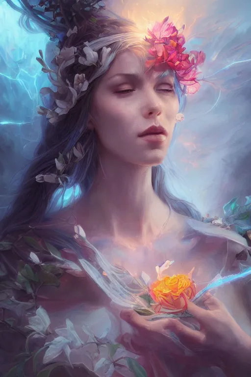 Prompt: portrait of a beautiful elf casting magic spell holding flowers, angel, fantasy, dramatic lighting, highly detailed, digital painting, holding electricity, magic the gathering, hyper detailed, 3 d render, hyper realistic detailed portrait, peter mohrbacher, wlop, ruan jia