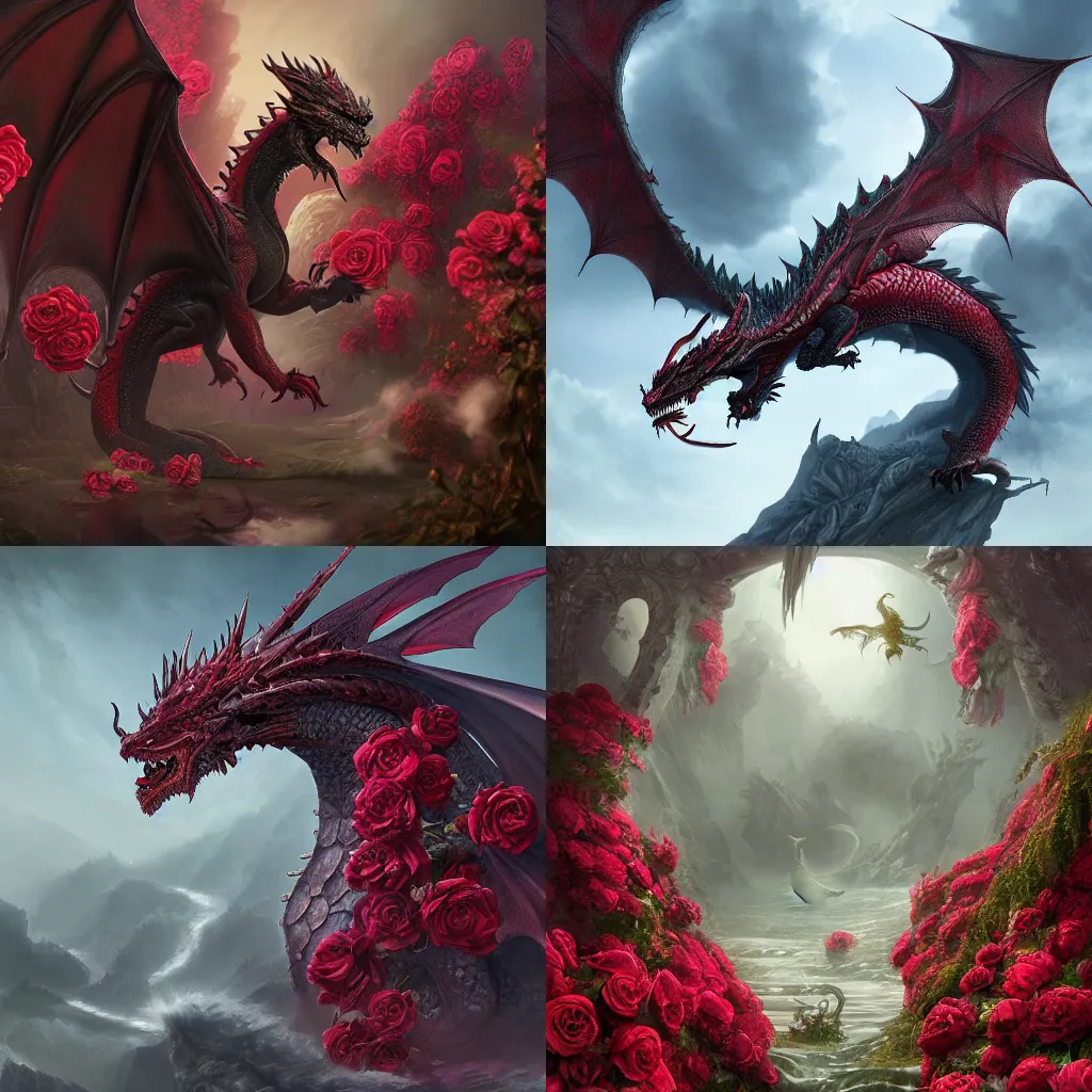 Prompt: A dragon made of roses, matte painting, featured on Artstation