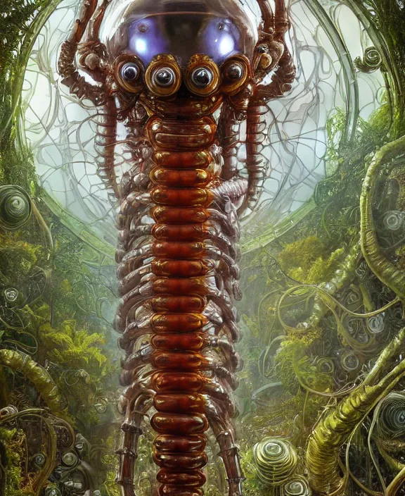 Image similar to intricate ornate opulent transparent clear see - through portrait of a terrifying male alien centipede robot, mottled coloring, adorable, childlike, overgrown biopunk jungle environment, ultra realistic, concept art, art nouveau, photorealistic, octane render, 8 k, unreal engine. art by christopher marley and artgerm and greg rutkowski and alphonse mucha