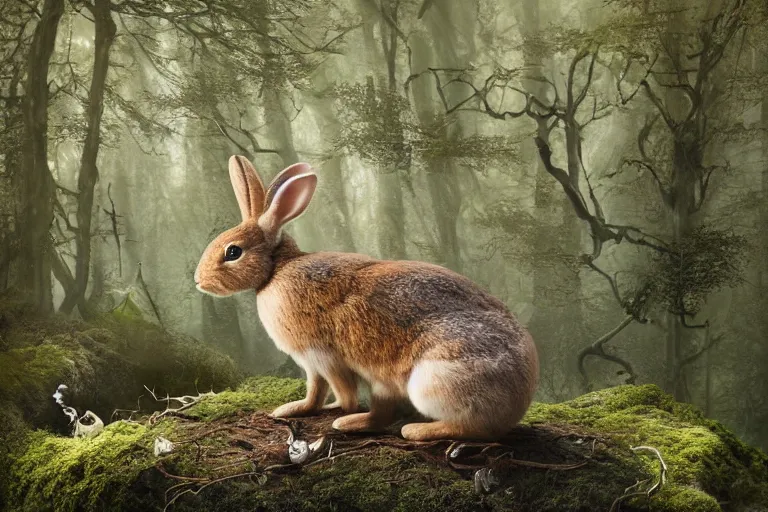 Prompt: photography print of taxidermy rabbit, majestic, stuffing of twigs and moss falling out, next on a cliff background, dappled lighting, backlit, by ellen jewett and dariusz zawadzki and brian froud and tom bagshaw, real, realistic, 8 k, high resolution, high definition, national geographics, professional wildlife photography