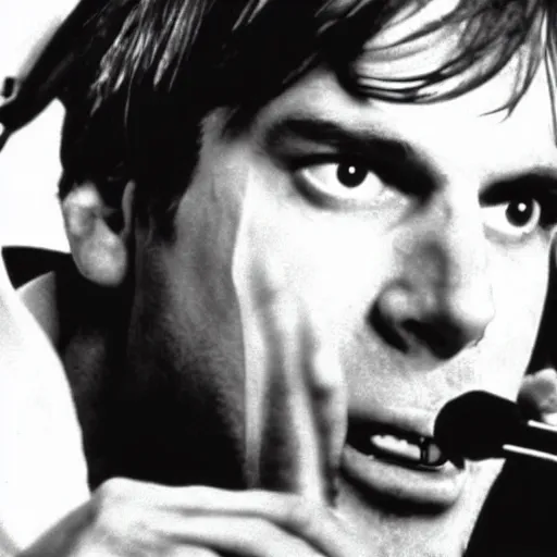 Prompt: John Maus singing in American Psycho (1999)