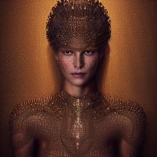 Image similar to full shot of a regal brown woman wearing an intricate and detailed armor made of thousands of dew drops. refracted light. reflections. morning dew.. delicate. translucent. no makeup!! haunting eyes. vulnerable. fragile. ethereal. refracted light. by louise dahl - wolfe. by michal karcz. octane render