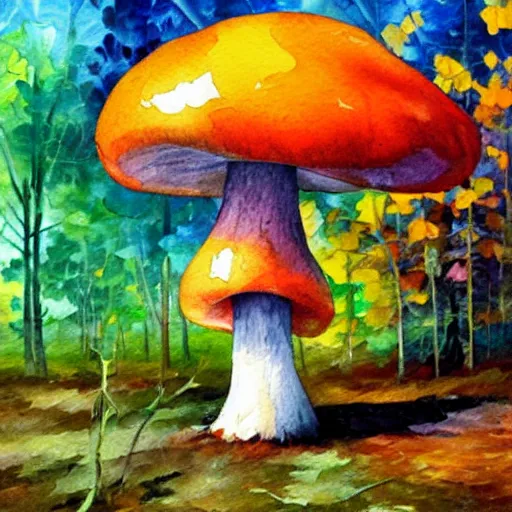 Image similar to A watercolor painting by Afremov of a psychedelic orange and blue mushroom growing on the ground in the middle of a forest.