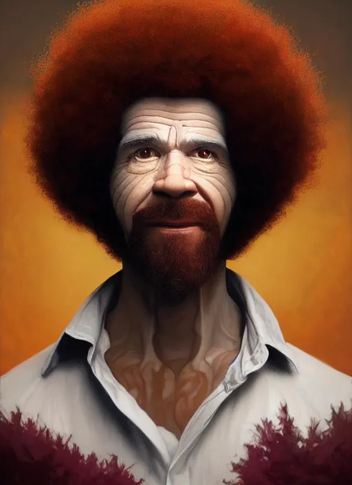 Prompt: Portrait of Bob Ross, white glowing eyes, maroon coloured afro, male, fantasy, extremely detailed, digital painting, artstation, concept art, smooth, sharp focus, illustration, stunning lighting, art by artgerm and greg rutkowski and alphonse mucha and simon stalenhag, realistic character concept, high fantasy, light atmosphere, golden ratio, cinematic lighting, hyperdetailed, high resolution, insanely detailed and intricate, artstation, Marc Simonetti, Greg Rutkowski, 8k