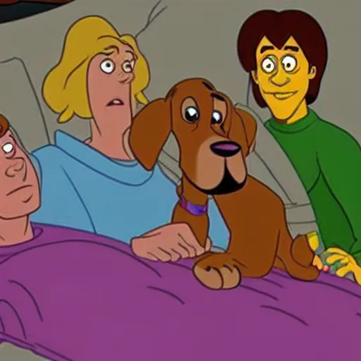 Image similar to scooby - doo on deathbed, freinds and family surround him with love, shaggy holding his paw, hospice, hannah barbera, animated tv show