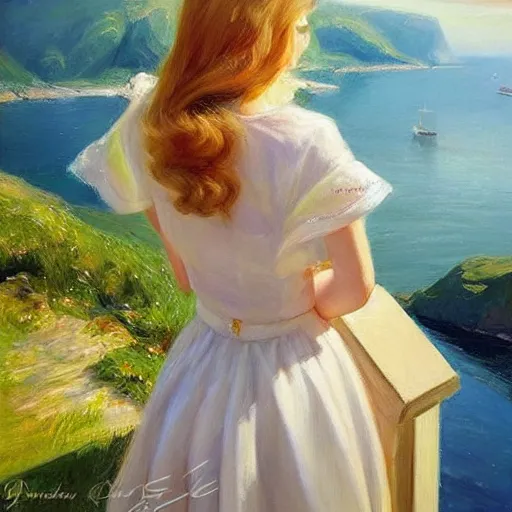 Prompt: 1950s beautiful!!! blonde looking over a Norwegian fjord, painting by !Vladimir Volegov!