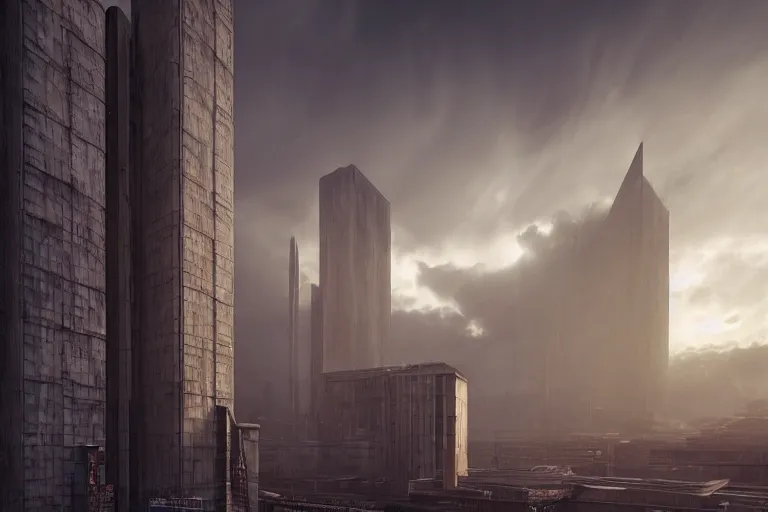 Image similar to streetscape, a towering cathedral of brutalist architecture, buildings covered with greebles, stunning volumetric light, sunset, metal, concrete and translucent material, stunning skies, majestic landscape, trending on Artstation, 8k, photorealistic, hyper detailed, unreal engine 5, IMAX quality, cinematic, epic lighting, in the style of Greg Rutkowski