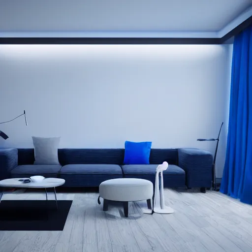 Image similar to futuristic looking living room, dark with blue neon lights, contrasted, octane render