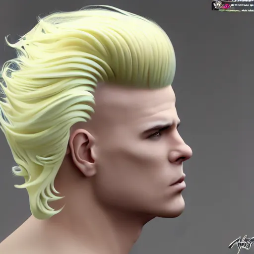 Image similar to vanilla ice but his hair is made out of swirly ice cream vanilla ice cream his hair is completely made out of vanilla swirled vanilla ice cream, ice cream hair, realistic, hyperrealistic, ultra realistic, real, real world, highly detailed, very detailed, extremely detailed, intricate details, 8 k resolution, hd quality