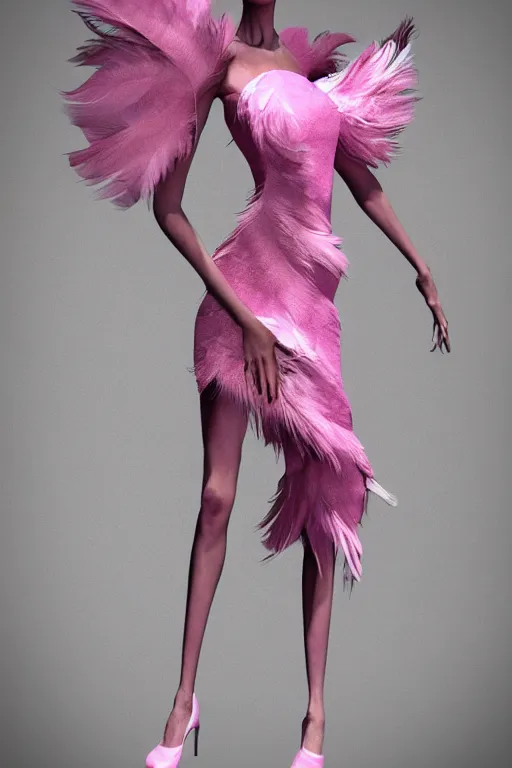 Image similar to a woman in a pink dress and pink shoes, a haute couture marble sculpture by alexander mcqueen, cg society contest winner, vorticism, daz 3 d, made of feathers, feminine