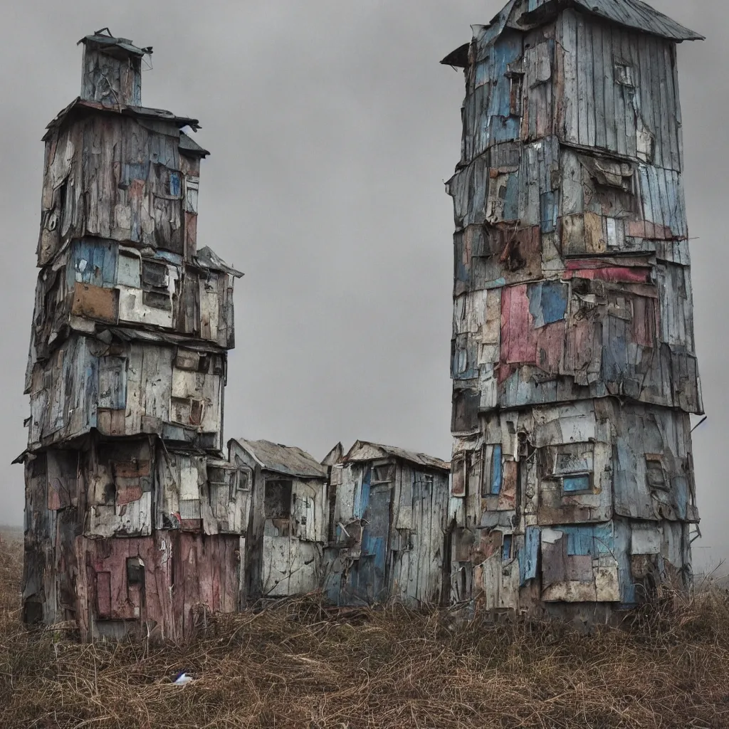 Image similar to close - up view of a tower made up of makeshift squatter shacks with faded colours, moody cloudy sky, uneven fog, dystopia, mamiya, f 1 1, fully frontal view, very detailed, photographed by jeanette hagglund