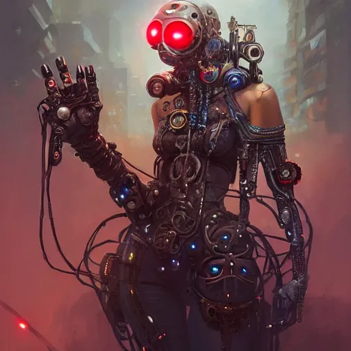 Image similar to group!! of men and women with extremely large and intricate eye cyberpunk bionics with angry red eyes and slim features, cyberpunk, bionics, augments, lights, cables, elegant gleaming intricate baroque jewellery, colorful, vivid, imposing, epic, digital painting, artstation, concept art, by peter mohrbacher and wlop and rhads,