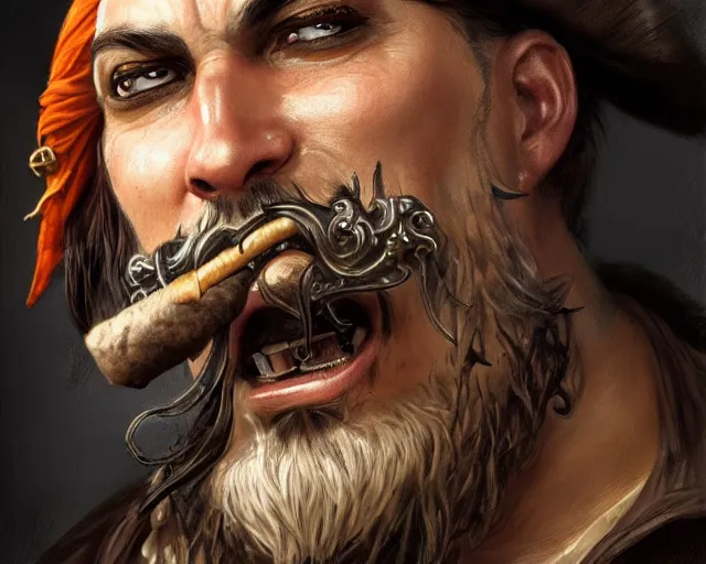 Image similar to close up of a pirate face, beard, cigar, smirk, black hair, face tattoo, deep focus, d & d, fantasy, intricate, elegant, highly detailed, digital painting, artstation, concept art, matte, sharp focus, illustration, hearthstone, art by artgerm and greg rutkowski and alphonse mucha