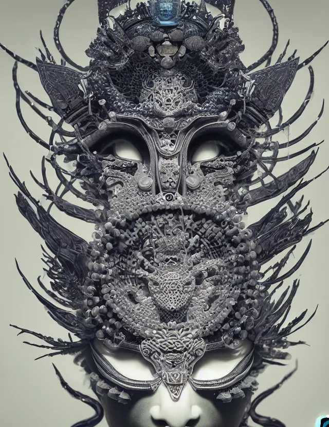 Image similar to goddess macro close - up portrait with crown and mask made of ram skull. beautiful intricately detailed japanese crow kitsune mask and clasical japanese kimono. betta fish, jellyfish phoenix, bioluminescent, plasma, ice, water, wind, creature, artwork by tooth wu and wlop and beeple and greg rutkowski