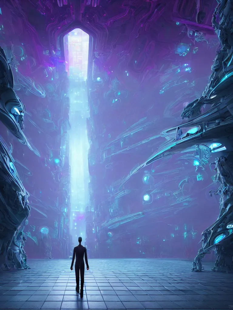 Image similar to entrance to ethereal realm, humans and robots, rendered in unreal engine, central composition, symmetrical composition, dreamy colorful cyberpunk colors, 6 point perspective, fantasy landscape with anthropomorphic!!! terrain!!! in the styles of igor morski, jim warren, and rob gonsalves, intricate, hyperrealistic, volumetric lighting, big sky, distinct horizon