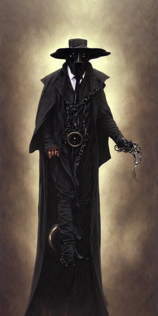 Image similar to portrait of man in black trench coat, wearing a steam punk plague doctor mask and a black top hat, highly detailed, artstation, concept art, by krenz cushart and donato giancola and william adolph bouguereau and alphonse mucha,