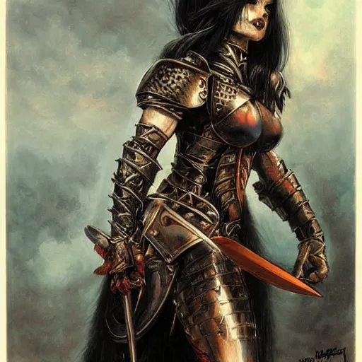 Image similar to portrait of a goth emo girl wearing armor and holding sword by frank fazetta simon bisley, fantasy, barbarian