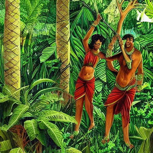 Prompt: seeing ancient civilization while I'm hiding behind leaves in jungle people dancing with spears