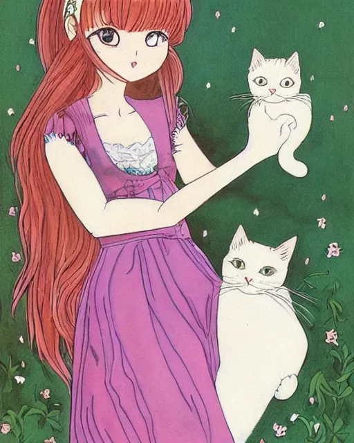 Image similar to a portrait of a young woman with very long pink hair undulating on the wind, light brown eyes, slightly chubby, pale skin, pretty, cute, holding a white cat. by naoko takeuchi