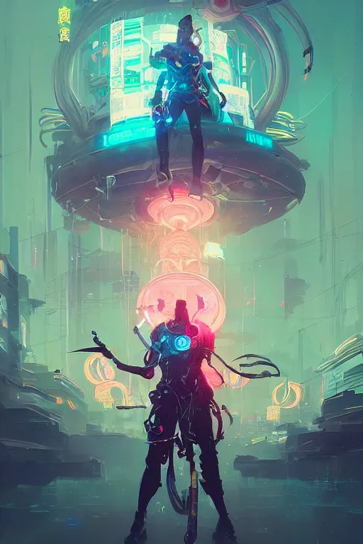 Prompt: lucian from league of legends fisherman cyberpunk futuristic neon. decorated with traditional japanese ornaments by ismail inceoglu dragan bibin rossdraws peter mohrbacher