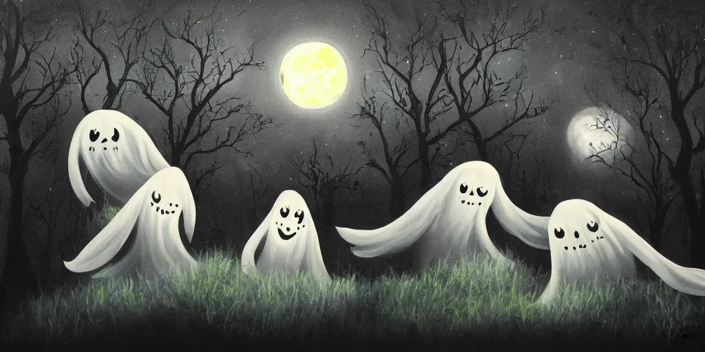Prompt: painting of ghostly creatures prowling through the full moon night