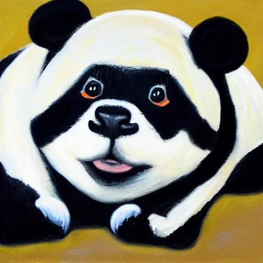 Image similar to oil painting of a sad panda that sits on a flat bench alone and sad with gym pants