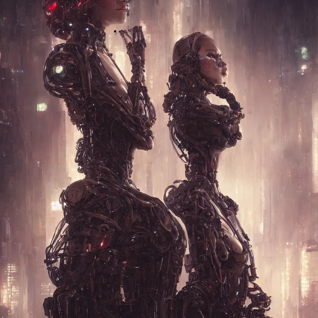 Prompt: portrait of a cyberpunk beautiful woman by Greg Rutkowski, biomechanical, full size highly detailed portrait, futuristic, digital engine, cinematic,8k,luminous, Blade Runner background, vapor