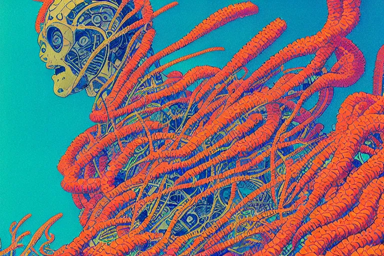 Image similar to risograph grainy drawing vintage sci - fi, satoshi kon color palette, gigantic gundam full - body covered in iridescent dead coral reef 1 9 6 0, kodak, with lot tentacles, natural colors, codex seraphinianus painting by moebius and satoshi kon and dirk dzimirsky close - up portrait