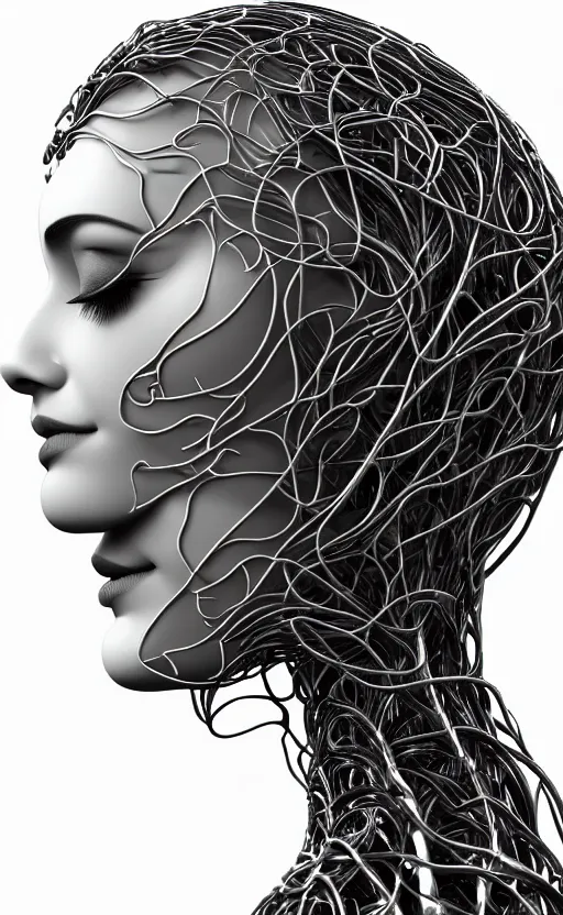 Prompt: black and white complex 3d render of 1 beautiful profile woman porcelain face, vegetal dragon cyborg, 150 mm, sinuous silver metallic ghost orchid flower stems, magnolia, roots, leaves, foliage, greenery, fine lace, maze-like, mandelbot fractal, anatomical, facial muscles, cable wires, microchip, elegant, highly detailed, black metalic carbon armour with silver details, rim light, octane render, H.R. Giger style, David Uzochukwu