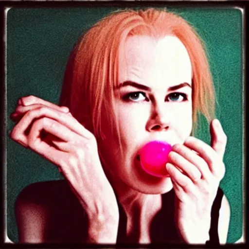 Prompt: “of nicole Kidman chewing bubblegum blowing a bubble with gum in artistic Andy Warhol style”