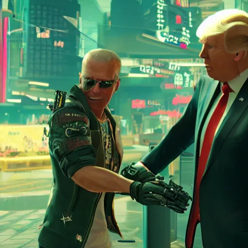 Image similar to a screenshot of joe biden and donald trump fighting in cyberpunk 2 0 7 7, 4 k, highly detailed