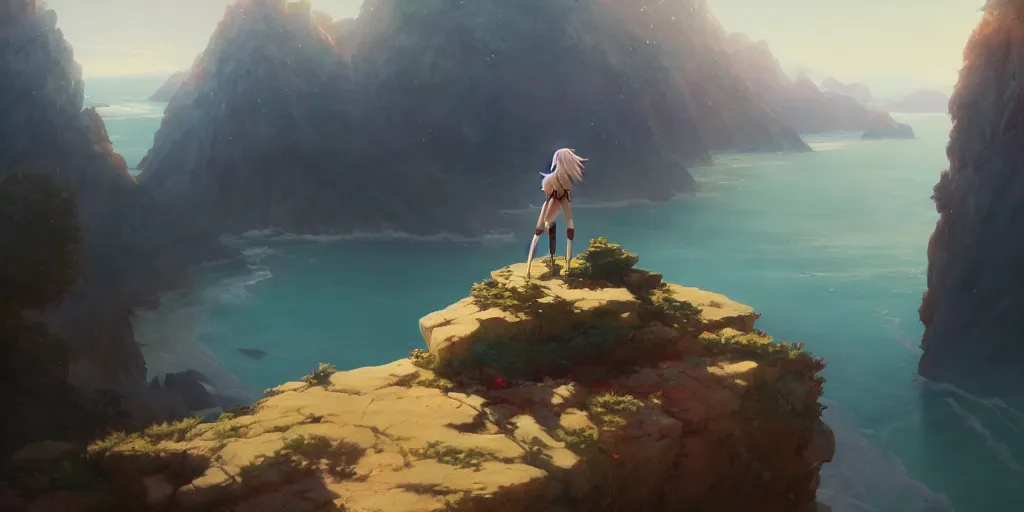 Prompt: anime character standing on a cliff watching the landscape, extremely detailed digital painting, in the style of fenghua zhong and ruan jia and jeremy lipking and peter mohrbacher, mystical colors, rim light, beautiful lighting, 8 k, stunning scene, raytracing, octane, trending on artstation