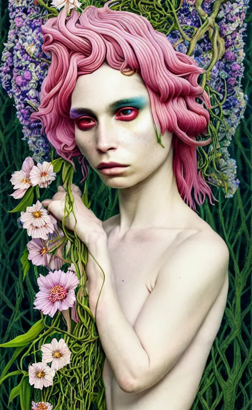 Image similar to the non-binary deity of Spring, 1 figure only, looks a blend of Grimes, Lana Del Rey, Aurora Aksnes, and Zoë Kravitz, it is made entirely out of flora and fauna, in a style combining Botticelli, Möbius and Æon Flux, surrealism, stunningly detailed artwork, hyper photorealistic 4K, stunning gradient colors, very fine inking lines