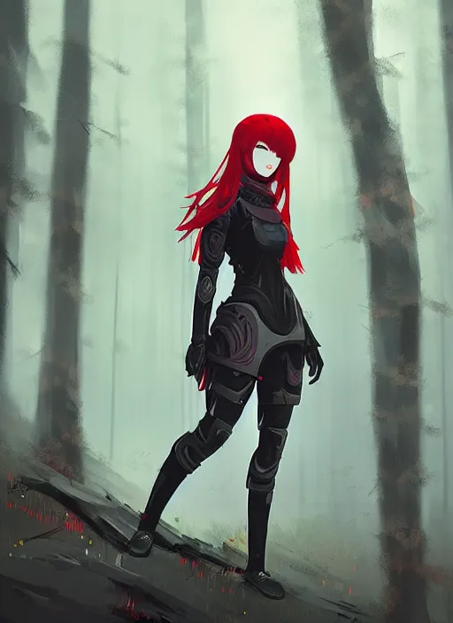 Prompt: red haired japanese girl in light black armor, midfigure front, grey forest background, by ismail inceoglu