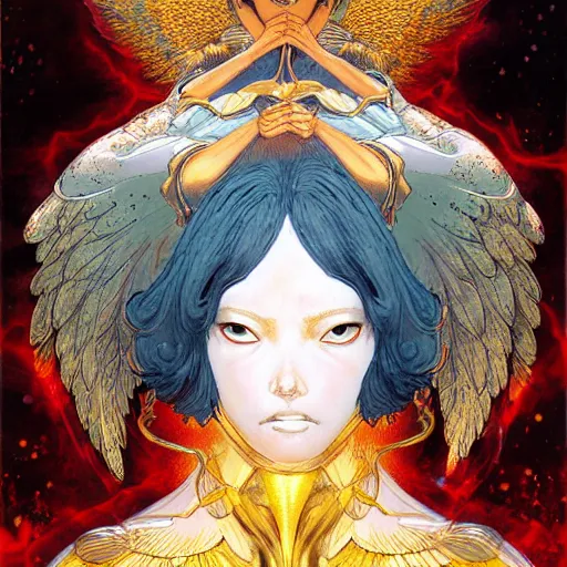 Image similar to prompt : angel women with golden wings soft light painted by james jean and katsuhiro otomo and erik jones, inspired by akira anime, smooth face feature, intricate oil painting, high detail illustration, sharp high detail, manga and anime 1 9 9 9