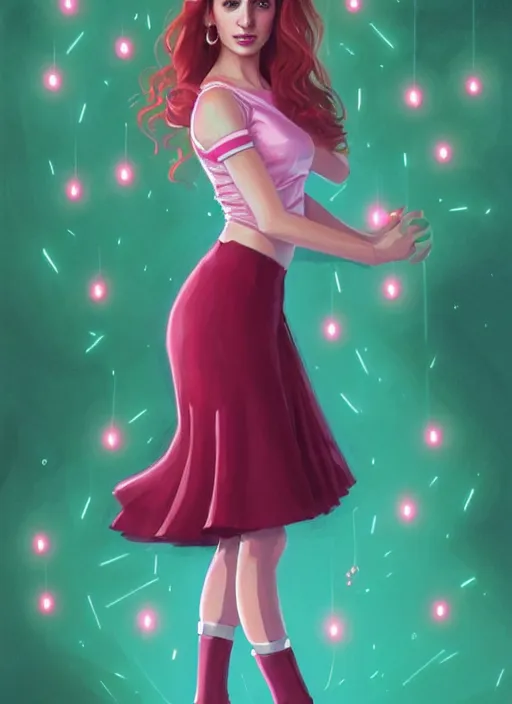 Image similar to full body portrait of teenage cheryl blossom, bangs, green eyes, sultry expression, red hair, sultry smirk, bangs and wavy hair, pink skirt, intricate, elegant, glowing lights, highly detailed, digital painting, artstation, concept art, smooth, sharp focus, illustration, art by wlop, mars ravelo and greg rutkowski