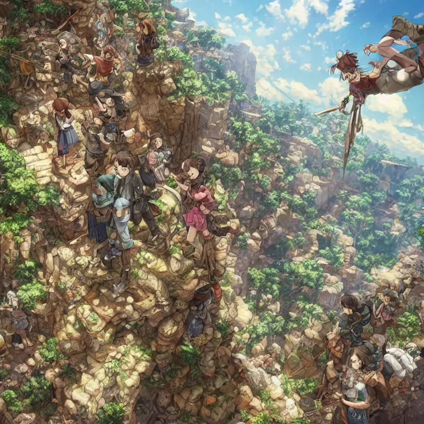 Image similar to standing and waiting just means we'll be showered by more boulders. get ready on the double! hyperrealistic anime illustration by iralki nadar, extremely detailed, intricate linework, super sharp focus, bright colors, octopath traveler, studio ghibli, unreal engine 5 highly rendered, global illumination, radiant light, detailed and intricate environment